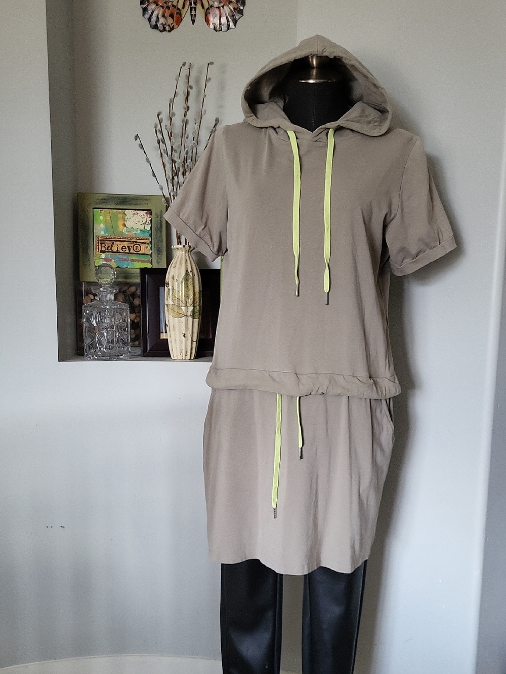 Simon Chang Hoodie Dress Taupe Short Sleeve Sporty Lounge wear